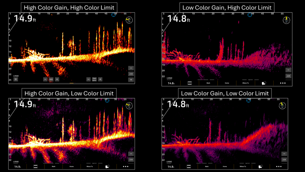 LiveScope 2 -luotainkuvat eri Color Gain- ja Color Limit -asetuksilla